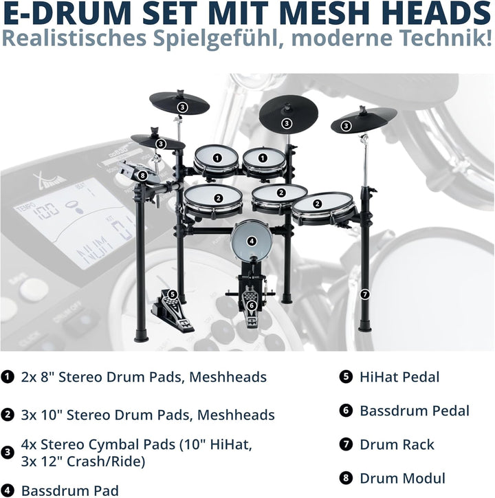 XDrum DD-530 E-Drum Set mit Mesh Heads - Elektronisches Schlagzeug mit 4 Becken Pads 5 Mesh Head Pad