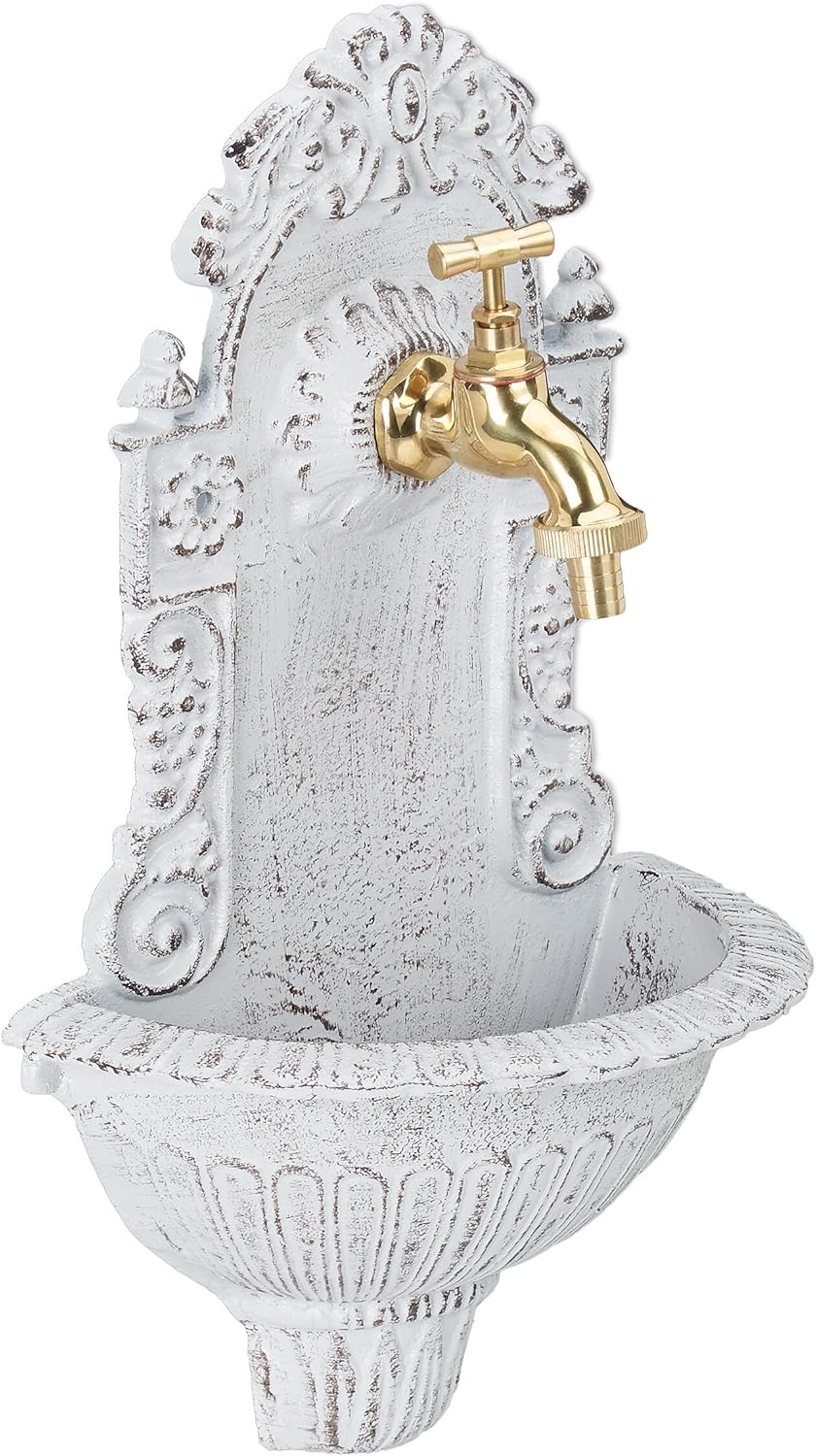 Relaxdays Wandbrunnen antik, mit Wasserhahn, nostalgisch, Waschbecken Garten, Aluguss, H x B x T 40