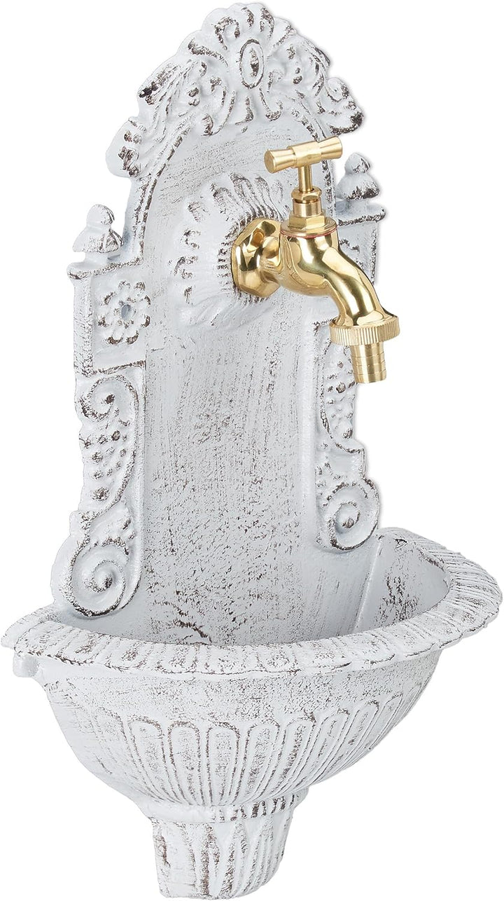 Relaxdays Wandbrunnen antik, mit Wasserhahn, nostalgisch, Waschbecken Garten, Aluguss, H x B x T 40