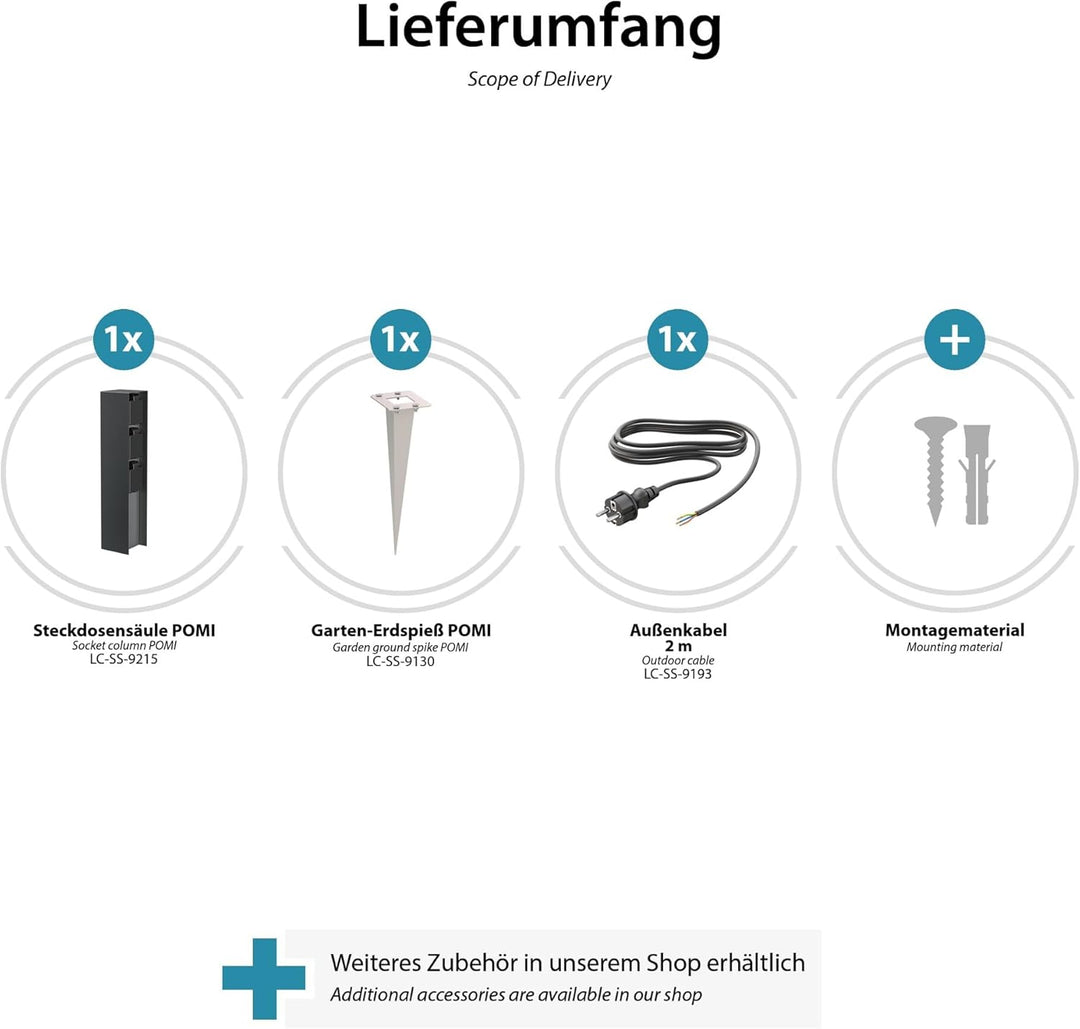ledscom.de Garten-Steckdosen-Säule POMI mit Erdspiess und 2m Kabel für aussen, IP44, 3-Fach, anthraz