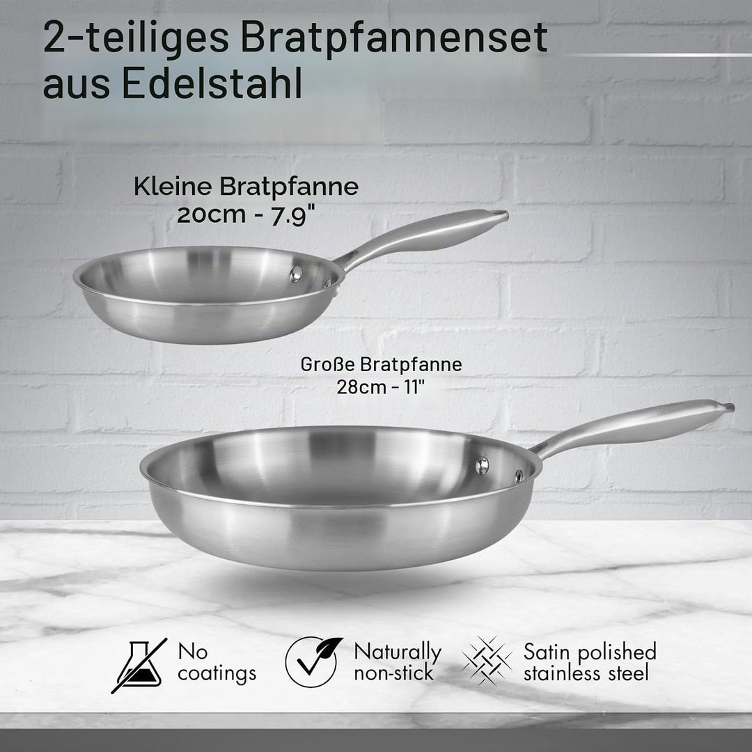 nuovva Edelstahl-Bratpfannen-Set, 2-teilig, Induktionsherd, natürlich, antihaftbeschichtet, dreilagi