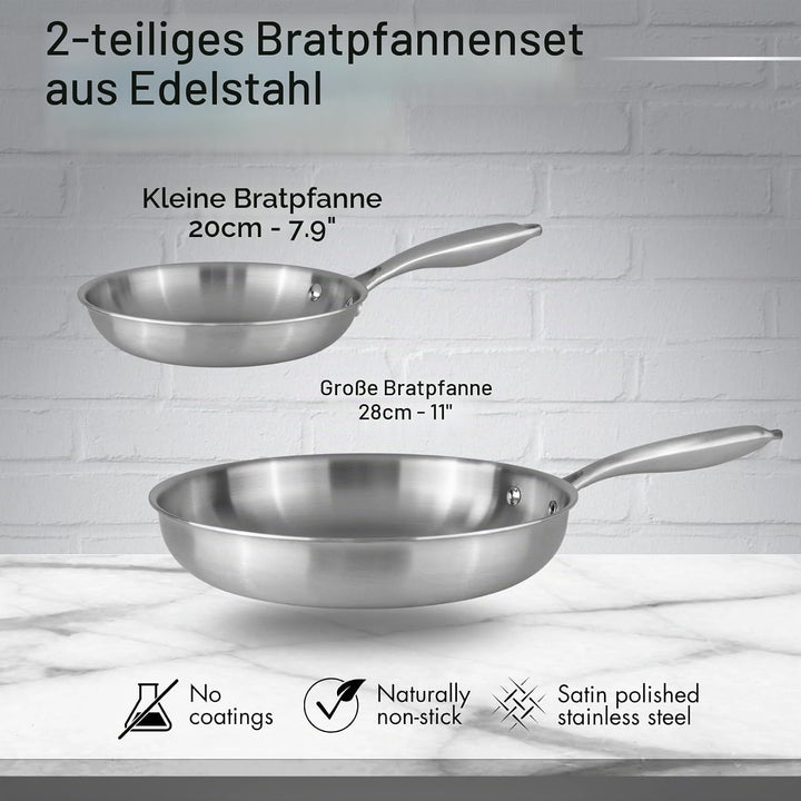 nuovva Edelstahl-Bratpfannen-Set, 2-teilig, Induktionsherd, natürlich, antihaftbeschichtet, dreilagi