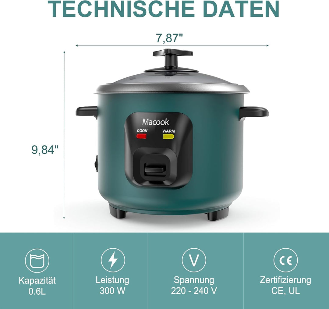 0.6 L Mini-Reiskocher 3-Tassen ungekocht, Macook Tragbarer Antihaft-Reis-Kocher, 15 Minuten schnelle