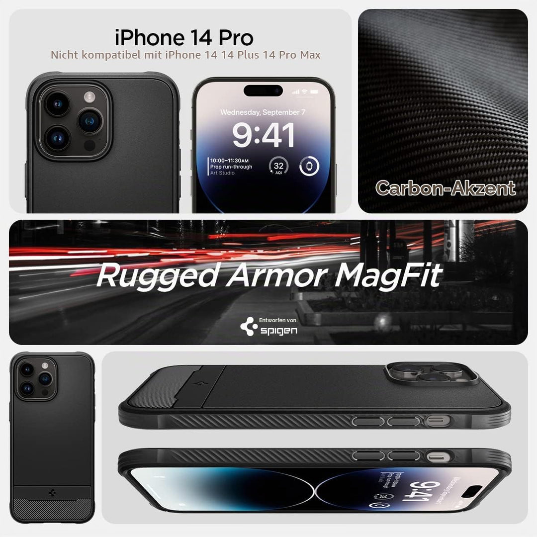 Spigen Rugged Armor MagFit Hülle Kompatibel mit iPhone 14 Pro -Matte Black, Matte Black