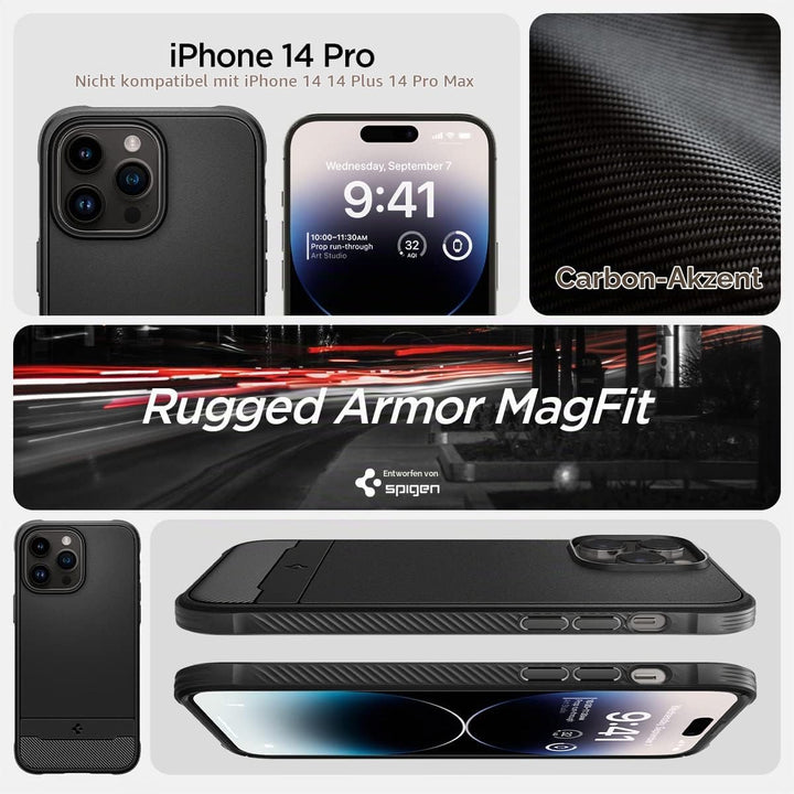 Spigen Rugged Armor MagFit Hülle Kompatibel mit iPhone 14 Pro -Matte Black, Matte Black