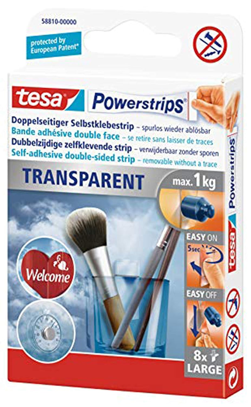 tesa Powerstrips Strips TRANSPARENT, für max. 1kg, Packung mit 8 Strips (transparent, 5 Packungen) t