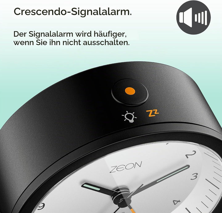 ZEON runder analoger Wecker mit Licht- und Schlummerfunktion, geräuschloser, batteriebetriebener Nac