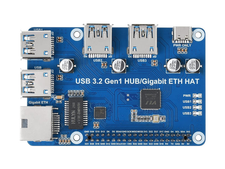 Waveshare USB 3.2 Gen1 and Gigabit Ethernet HUB HAT for Raspberry Pi 3X USB 3.2 Gen1 1x Gigabit Ethe
