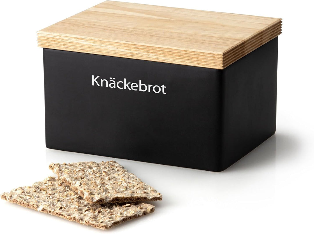 Continenta Knäckebrotdose aus Keramik, 17,5 x 13,5 x H11 cm, mit Holzdeckel, Vorratsdose für Knäckeb