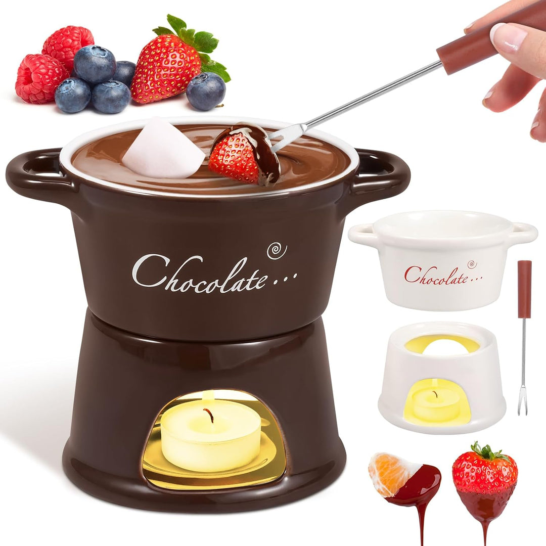 Goshoppers 2 Stück Mini Schokofondue Tasse Käsefondue Set Keramik Schokobecher mit Gabeln Schokolade