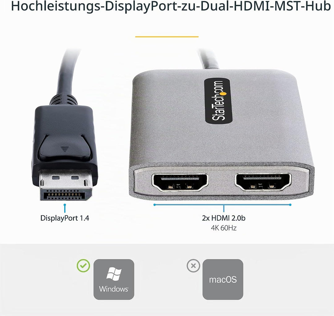 StarTech.com Displayport MST Hub auf Dual HDMI 4K 60Hz - DP 1.4 Multi Monitor Adapter/Multi Stream T