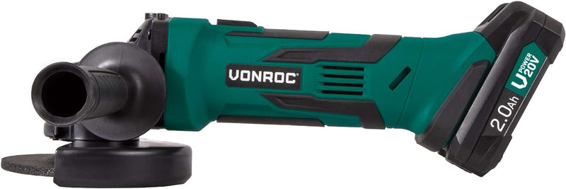 VONROC Akku-Winkelschleifer 115mm, VPower 20V (ohne Akku und Ladegerät) - Inkl. Seitengriff und Aufb