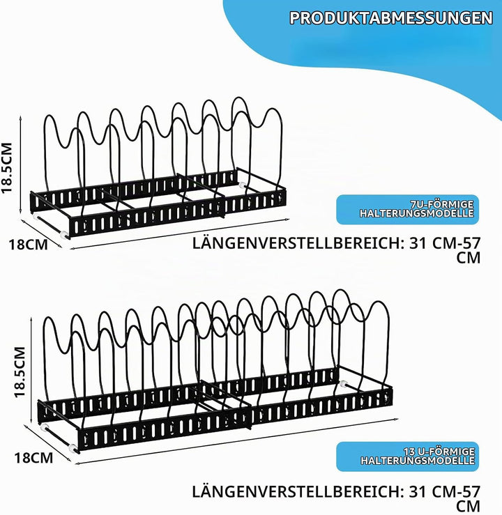 Verstellbarer Topf - Pfannenorganizer 2 teilig mit 20 Fächern, Ausziehbarer Topfdeckelhalter für Küc