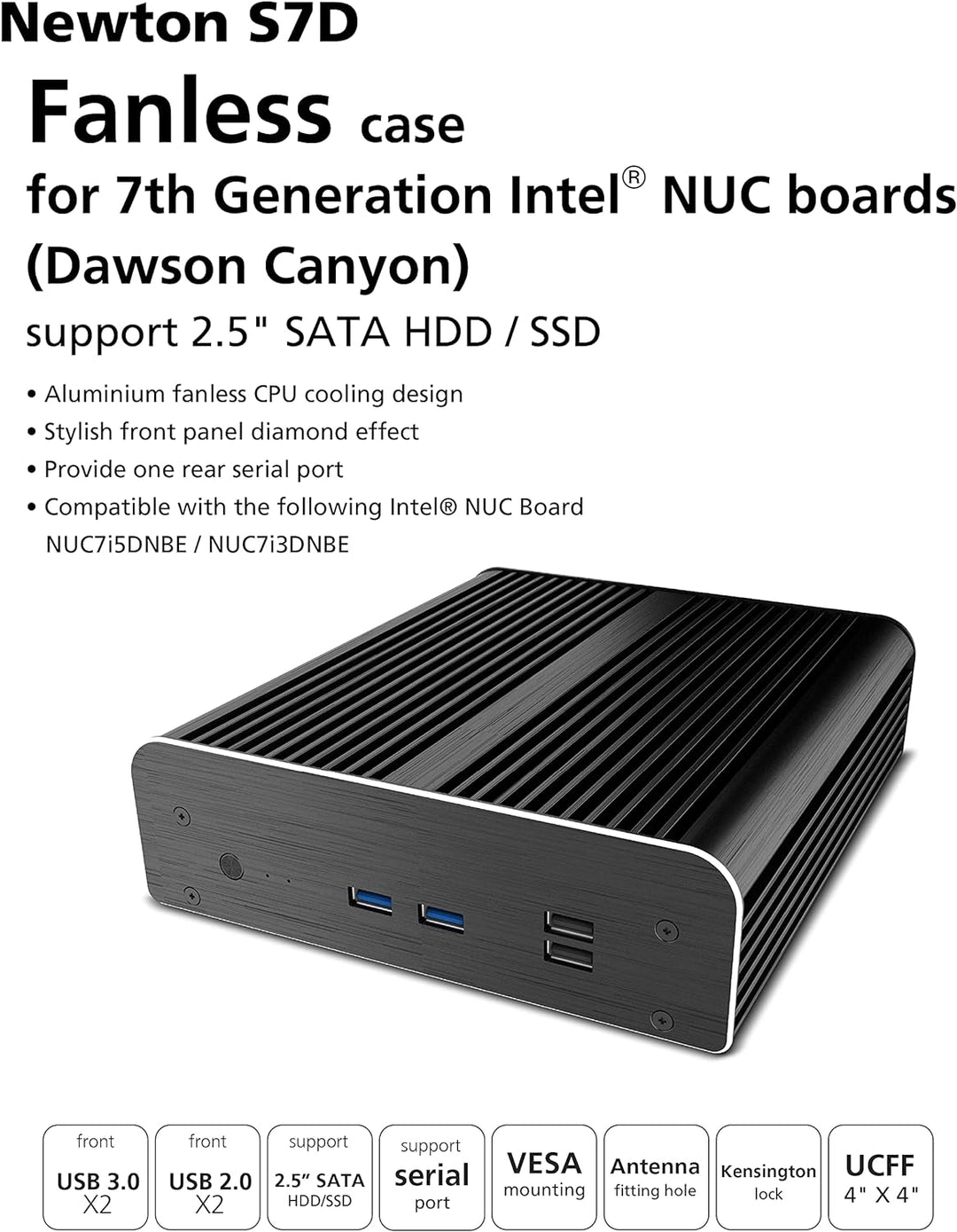 Akasa Newton S7D | Entwickelt für Intel 7th Gen NUC (Dawson Canyon) | PC-Aluminium-Gehäuse | Lüfterl
