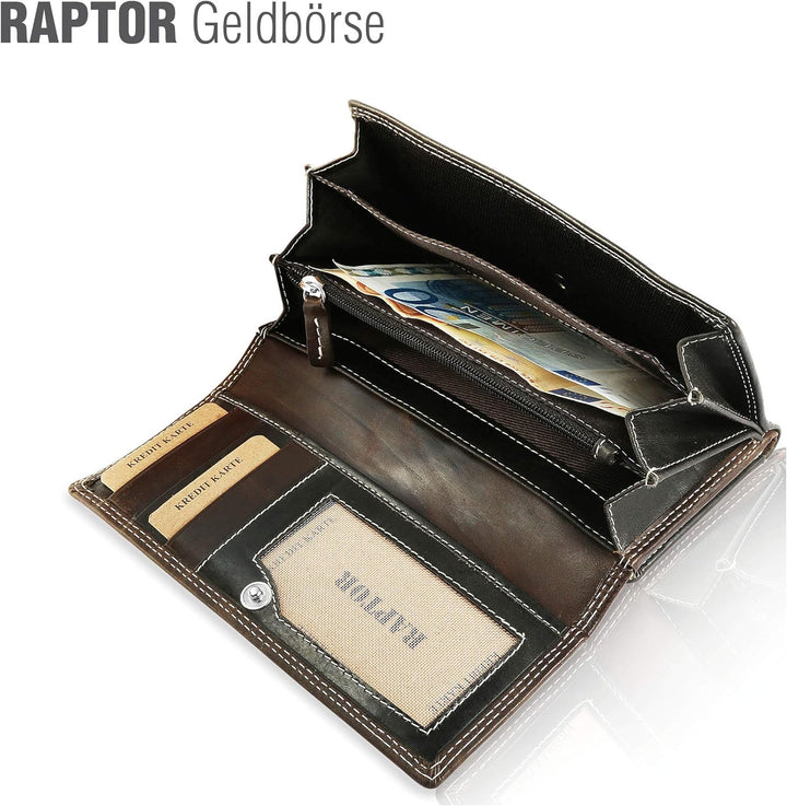 Raptor Leder Damen-Geldbörse Crunch Look 18x10cm Querformat RA40043 Schwarz, Schwarz