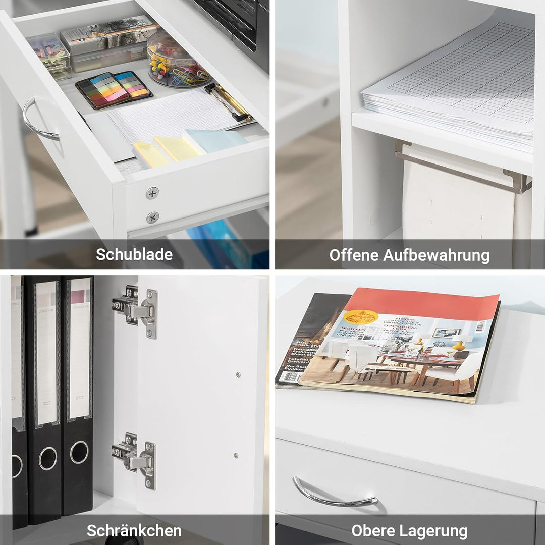 SoBuy FBT106-W Druckertisch mit Schublade und Tür Aktenschrank Rollcontainer mit Fächern Bürowagen B
