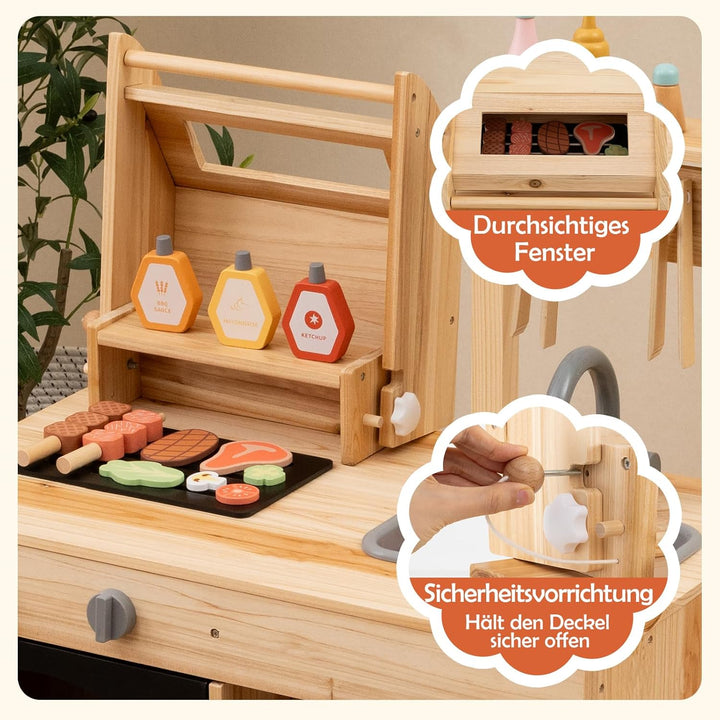 DREAMADE Matschküche Kinder Outdoor, Outdoorküche mit BBQ-Grill & Waschbecken & Tafel, Outdoor Küche