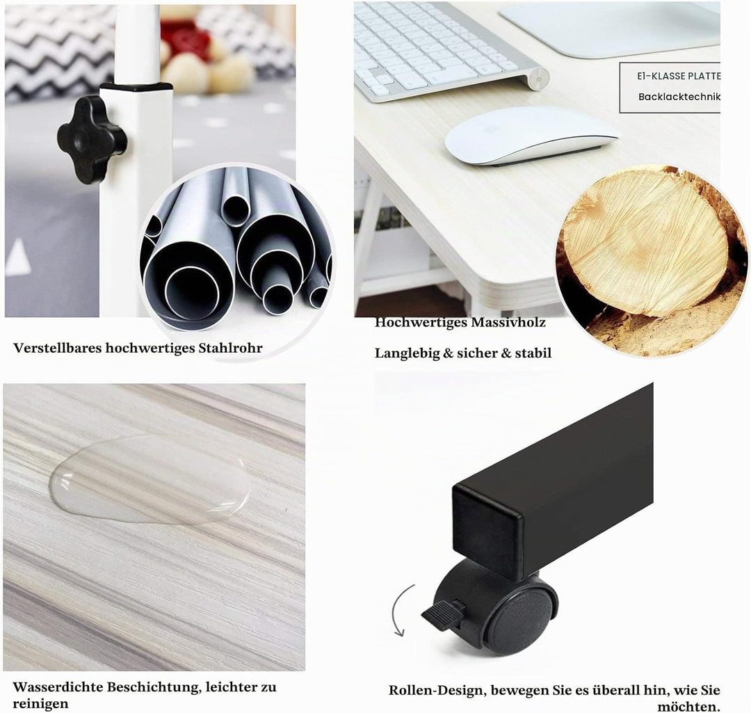 SogesHome Laptoptisch 80 * 40cm höhenverstellbar PC-Tisch mit Rollen, Betttisch, Beistelltisch,Klein