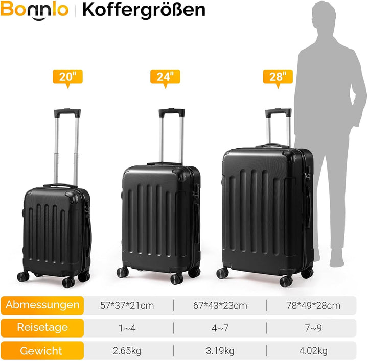 Bonnlo Kofferset 3 Teilig, Hartschale Koffer Set, Reisekoffer mit 4 Rollen, ABS-Trolley M-L-XL, mit