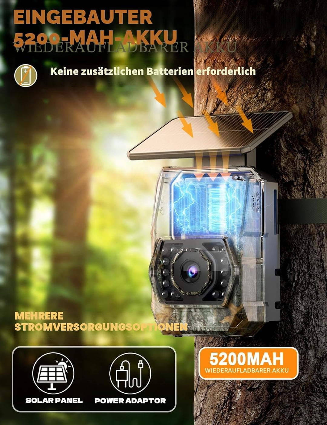 Wildkamera mit Handyübertragung App, 4K 60MP HD Solar WLAN Wildkamera, 5200mAH Akku, Wildtierkamera