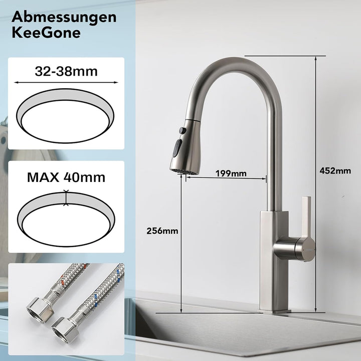 Wasserhahn Küche Ausziehbar, 2 Wasserauslauf Modi, Chrom