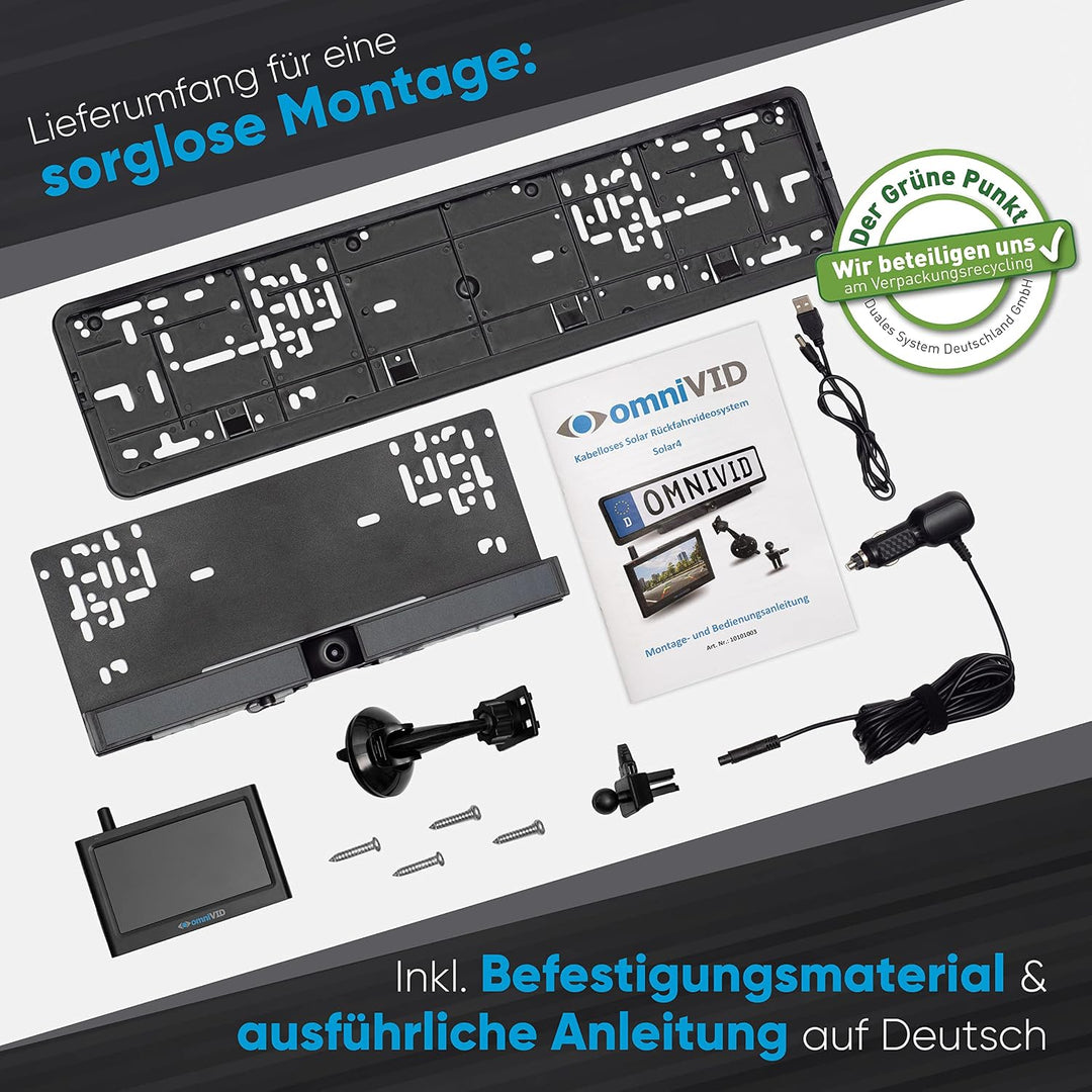 omniVID® Solar4 Premium Solar Rückfahrkamera-System, Kabellos mit 4,3 Zoll Monitor und solarbetriebe