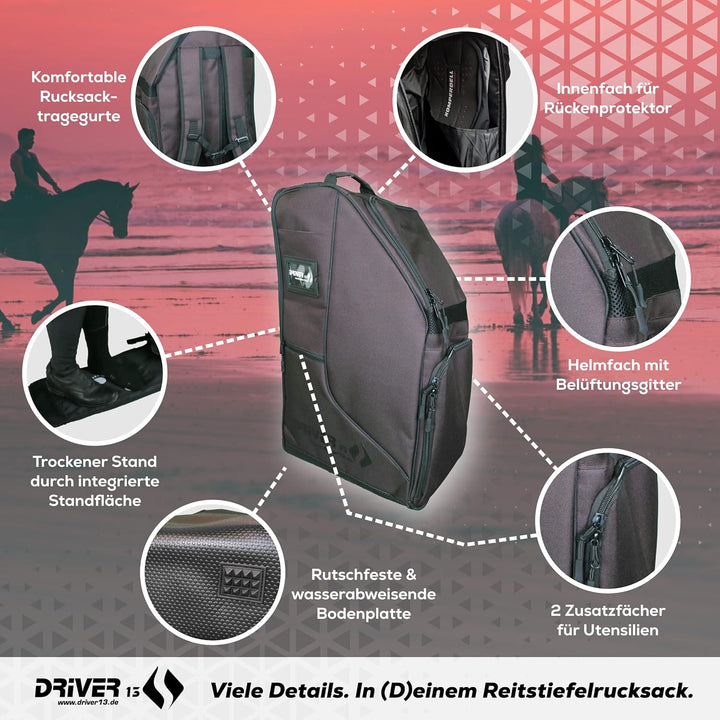 Driver13 Reitstiefelrucksack Reitstiefeltasche Stiefeletten Taschen Deluxe mit Helmfach für Reitstie