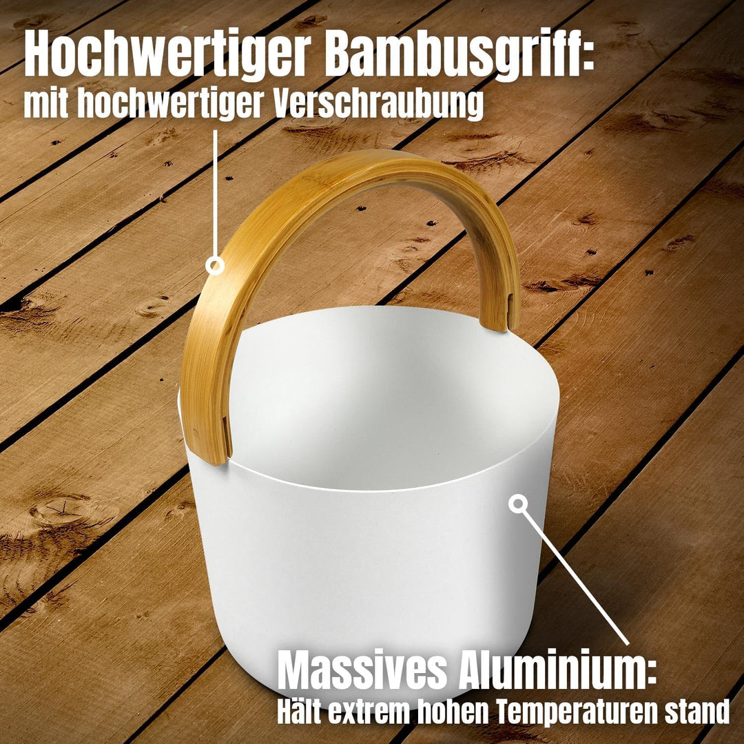 KOLO Sauna Kübel 2 & Kelle - Sauna Aufguss Set - Sauna Eimer 5 l aus Aluminium Weiss - 300 ml Aufgus