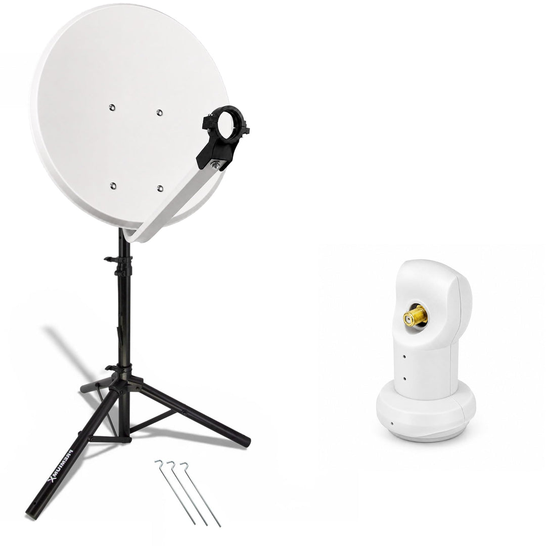 PremiumX Mobile Camping Satelliten-Komplettanlage 60cm Antenne SAT Single LNB 4K Ständer Dreibein-St