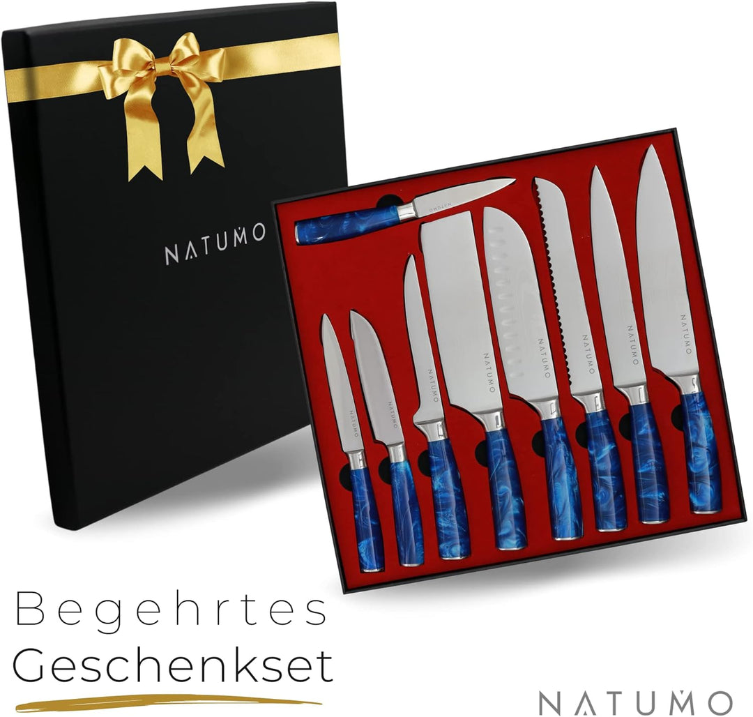 NATUMO Küchenmesser Set 9-teilig. HRC 56+ scharfes Messerset Profi in Damast-Optik aus Allzweckmesse