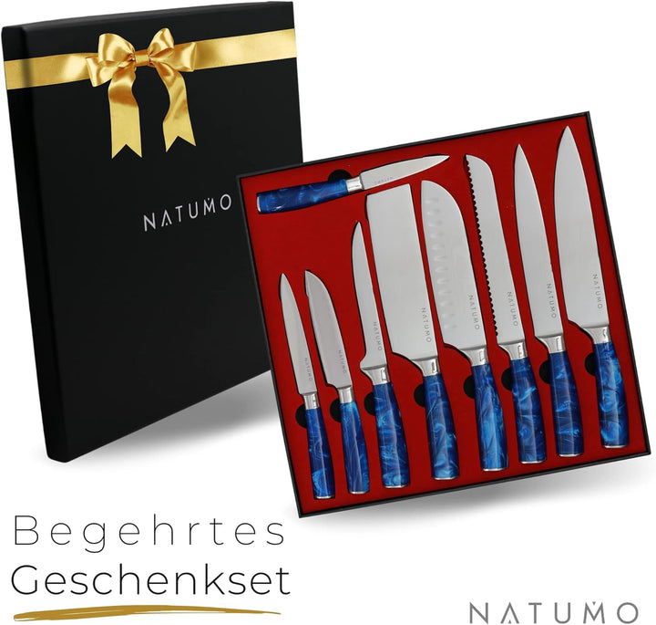 NATUMO Küchenmesser Set 9-teilig. HRC 56+ scharfes Messerset Profi in Damast-Optik aus Allzweckmesse