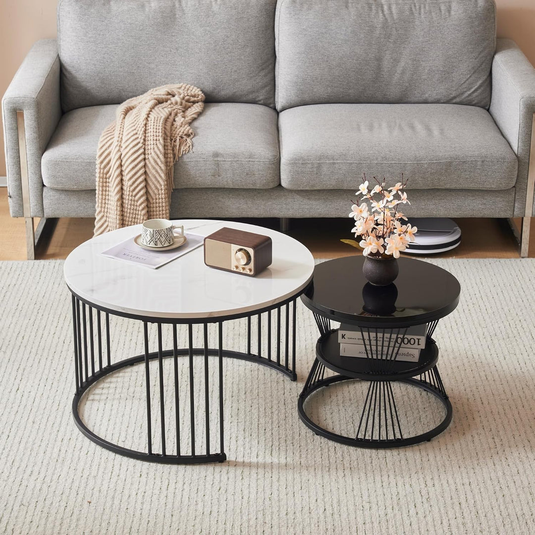 Merax Runder Couchtisch 2er Set, Moderne Beistelltisch mit Hochglanz Marmoriert für Wohnzimmer, Satz