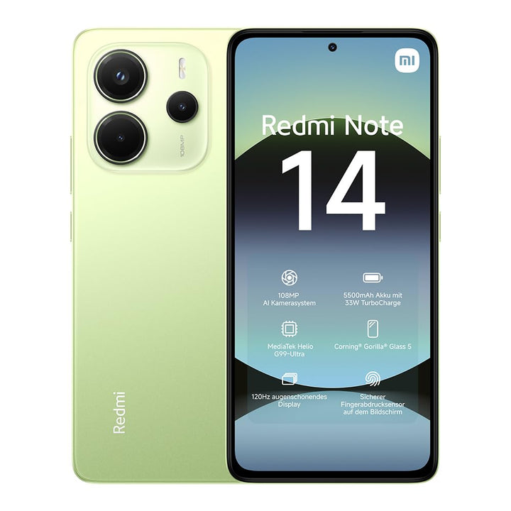 Xiaomi Redmi Note 14 Smartphone, 6 + 128GB, Green, 108MP AI-Kamerasystem, 5500mAh Akku, 120Hz Augens