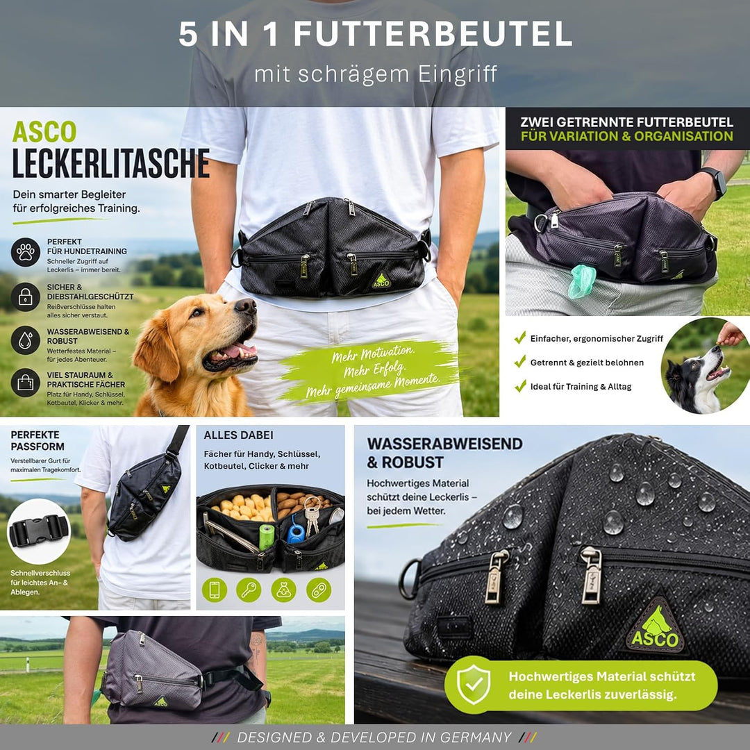ASCO Leckerlibeutel Duo für Hunde mit 2 Leckerlitaschen, Futterbeutel mit Handyfach und Kotbeutelspe