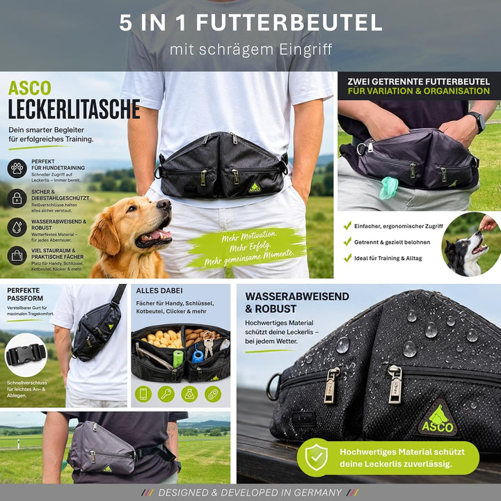 ASCO Leckerlibeutel Duo für Hunde mit 2 Leckerlitaschen, Futterbeutel mit Handyfach und Kotbeutelspe