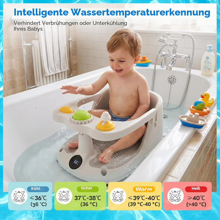 Baby Badewannensitz mit Echtzeit Temperaturüberwachung - Tragbarer Baby Bath Seat mit 4 Rutschfesten