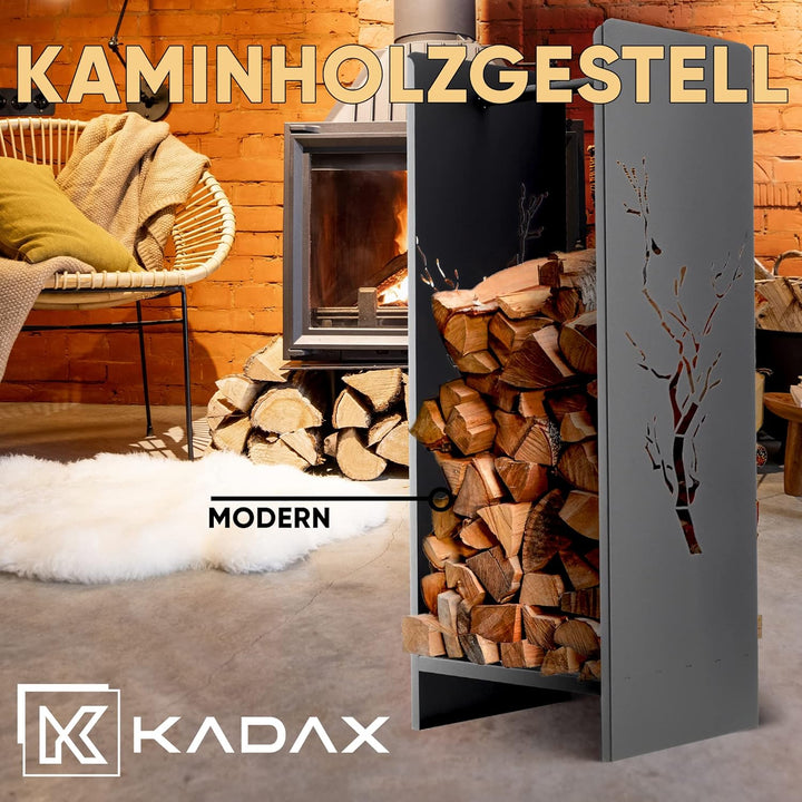 KADAX Kaminholzgestell, Kaminholzregal aus robusten Stahl, schwarzer Kaminholzhalter, pulverbeschich