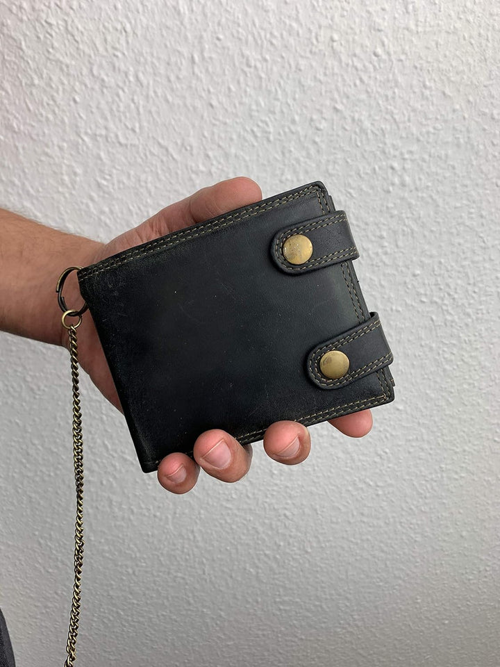 LEAS Bikerkombi- & Truckerbörse MCL im Vintage-Stil in Echt-Leder mit Kette, schwarz Chain-Series