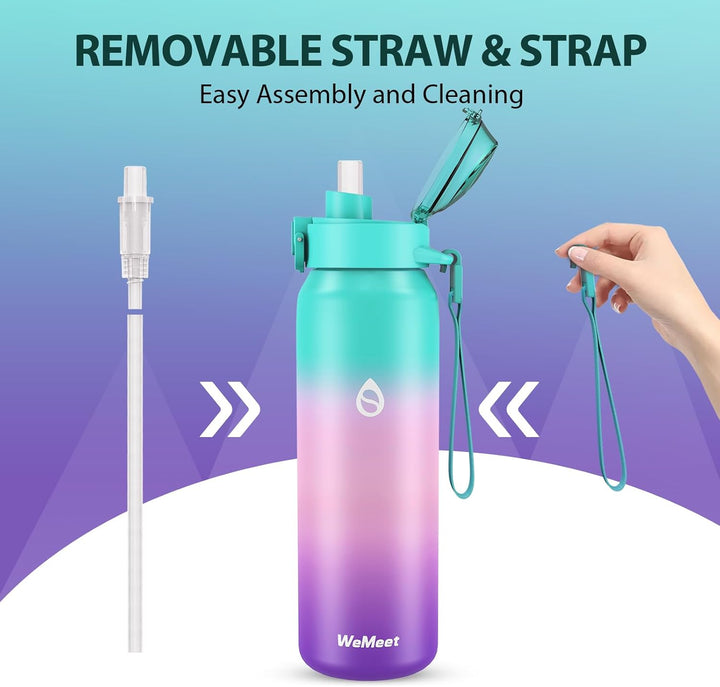 WEMEET Thermosflasche Edelstahl 1 Liter mit Abnehmbare Strohhalm, [18/10 Edelstahl] Trinkflaschen mi