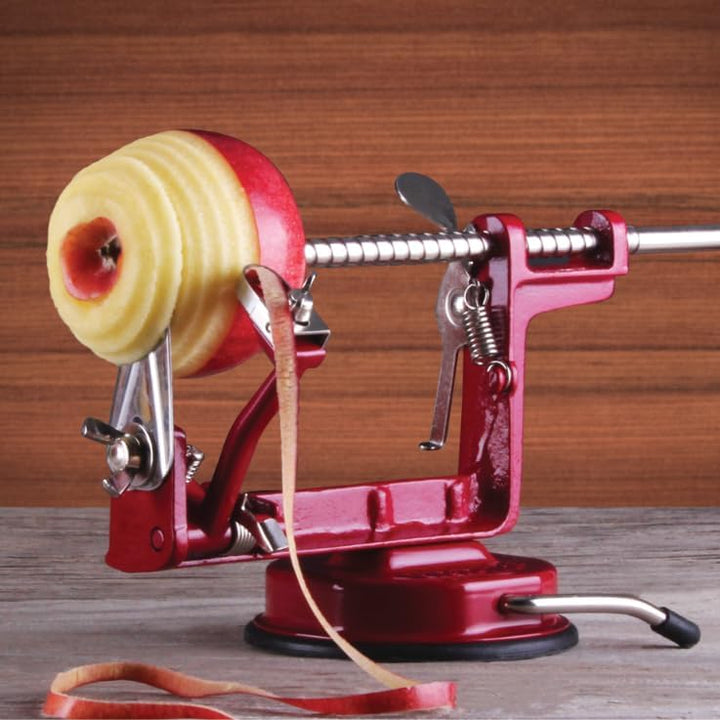 Johnny Apple Peeler VKP Brands Apfelschäler, Gusseisen, rot, Stainless Steel Blades Saugfuss, Saugfu