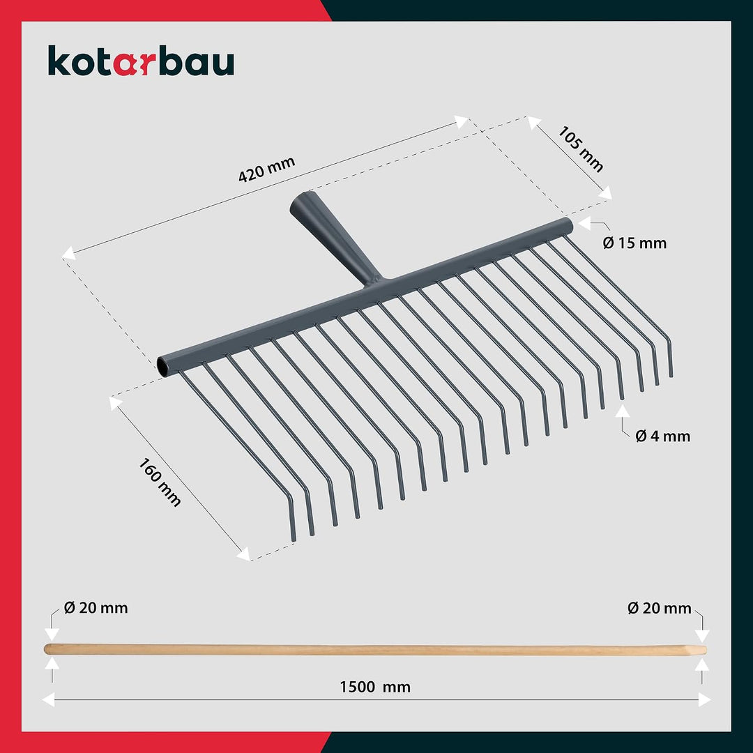 KOTARBAU® Laubfeger Gartenrechen aus Draht 420 mm mit Holzstiel 150 cm Rechen aus Stahl Fächerbesen