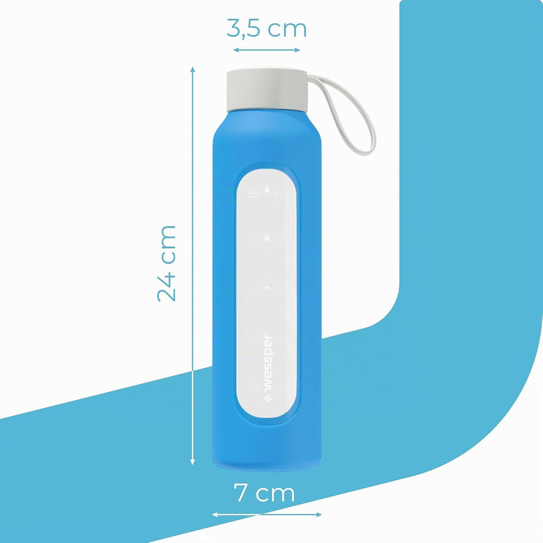 Wessper Trinkflasche Glas 500 ml, Motivations wasser glasflasche mit Hydrationsskala, borosilikatgla