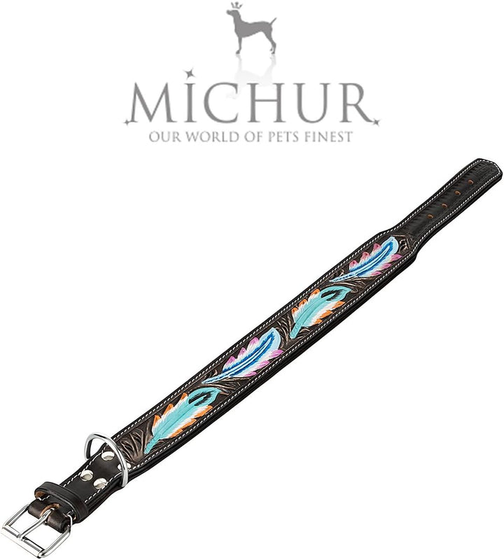 MICHUR Pietro Braun Schwarz mit Feder Muster, Hundehalsband Leder, Lederhalsband Hund, Halsband, Led