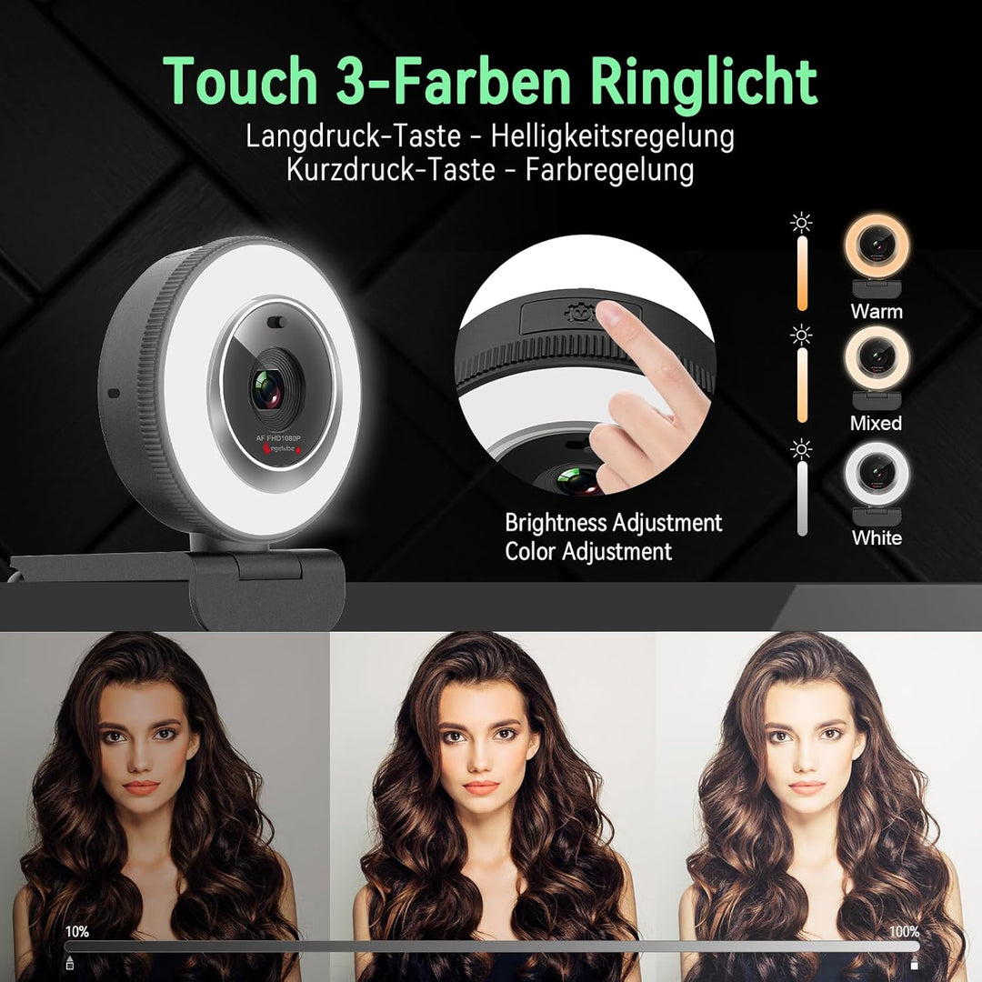 Angetube Webcam für PC, 1080P/30fps USB-Kamera mit Ringlicht, Privatschatten, Autofokus, Computer Ca