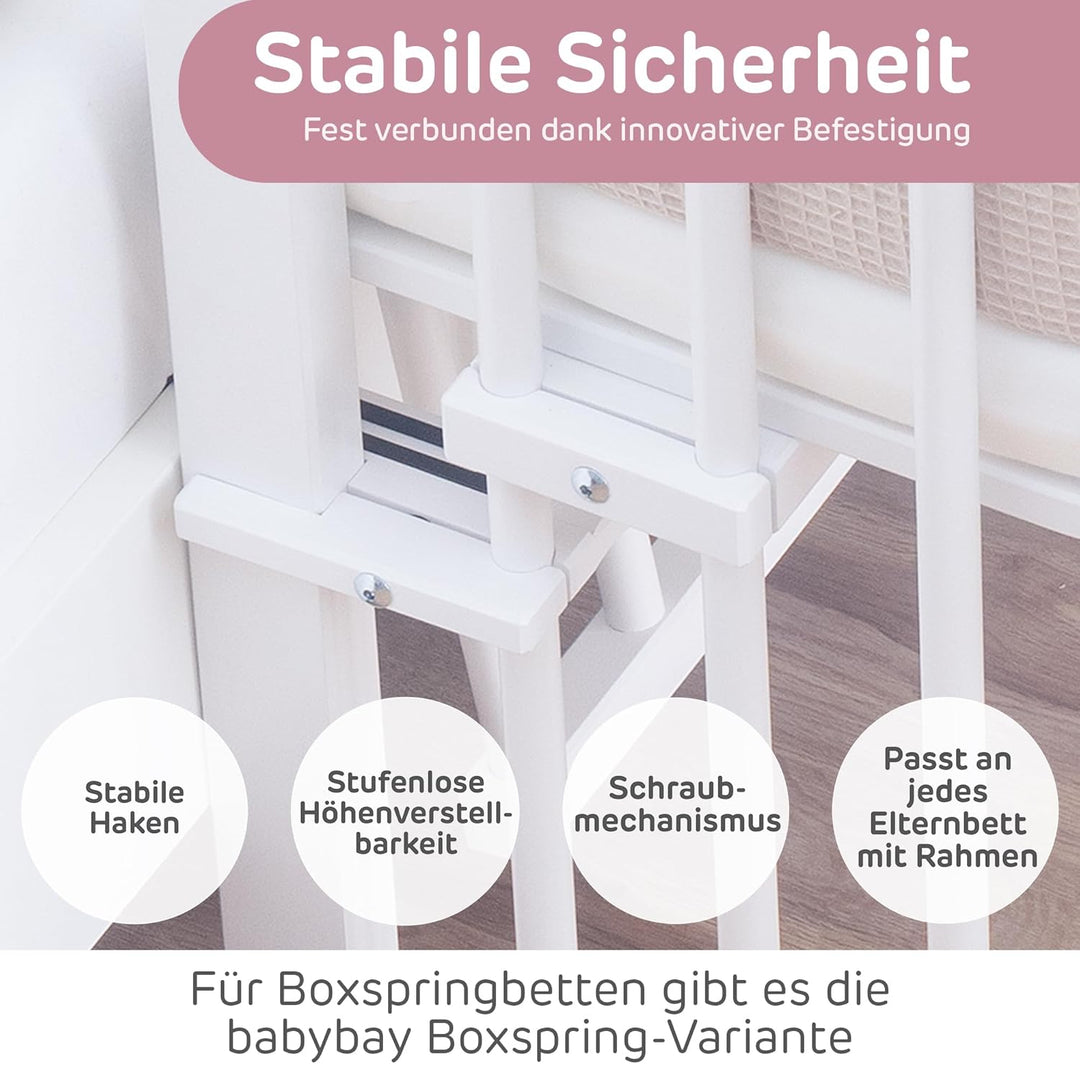 babybay Maxi Comfort Plus Beistellbett & Stubenwagen aus massivem Buchenholz/Zustellbett mit Verschl