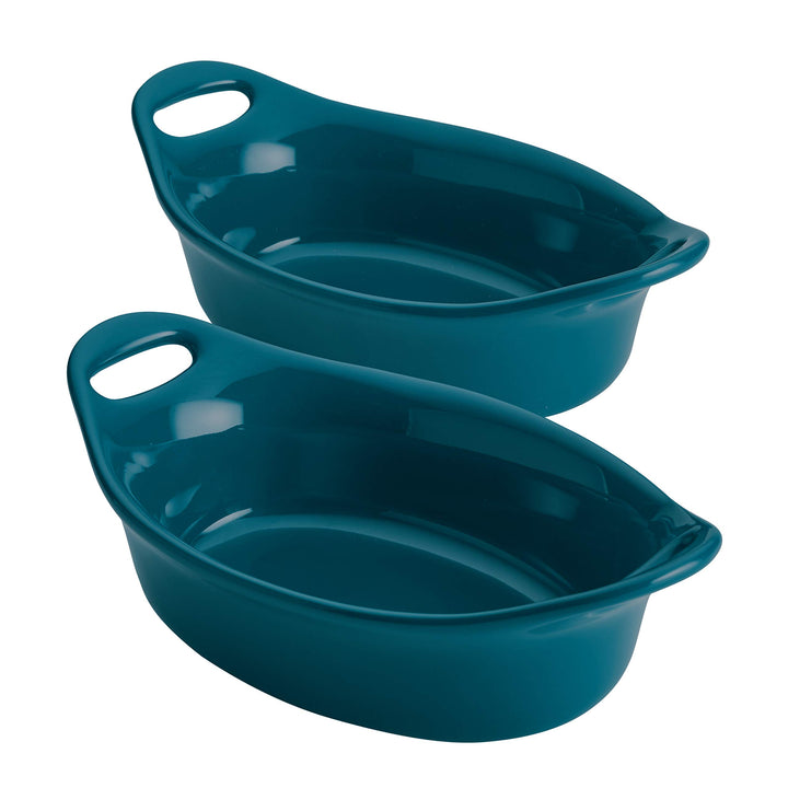 Rachael Ray Solid Glaze Ceramics Au Gratin Bakeware/Baker Set, Oval - 2 Piece, Teal 2 Piece Blaugrün