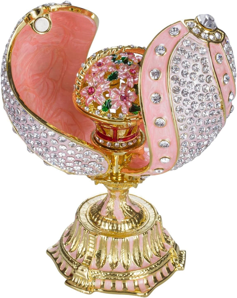 danila-souvenirs Fabergé-Stil verdrehtes Ei mit Korb der Blumen 12 cm rosa