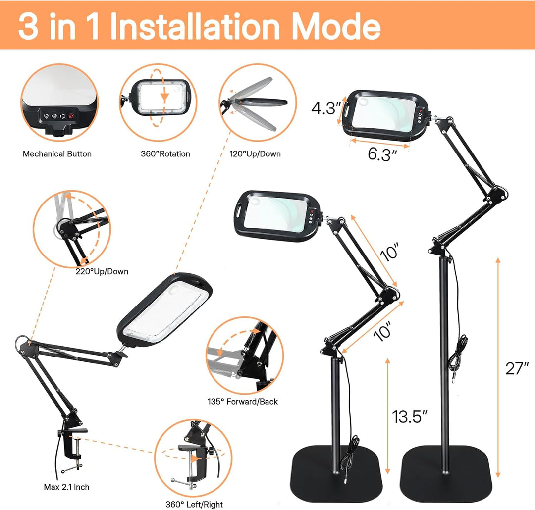 10X 30X Standlupe mit Licht und Ständer, 3 in 1 Lupenlampe mit 60 LED, Rechteckige Klappbarer Arm Lu