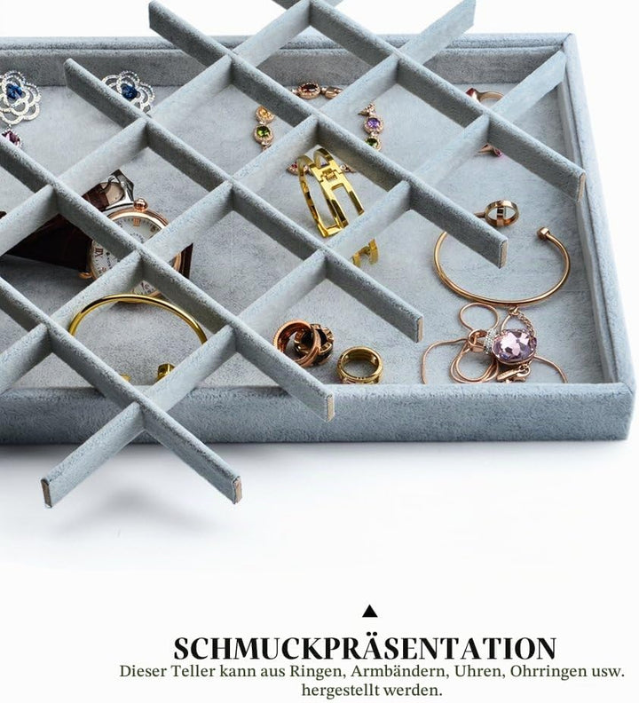 Oirlv Grau Samt 24 Gitter Schmucktablett,Schmuckaufbewahrung Schublade Schmuck Organizer Tablett Rin