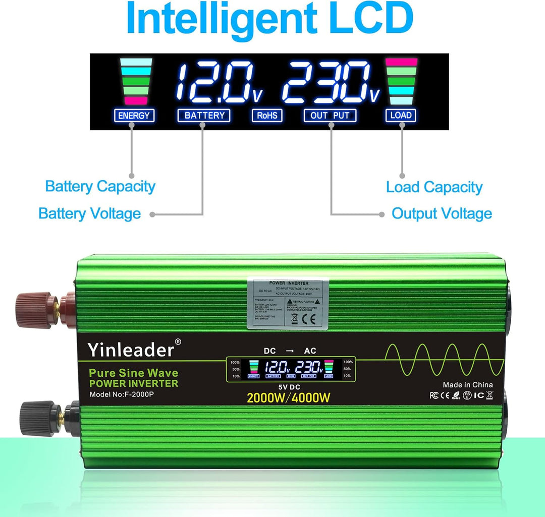 Yinleader Wechselrichter 2000W /4000W Reiner Sinus-Spannungswandler 12V 230V Stromwandler mit Fernbe